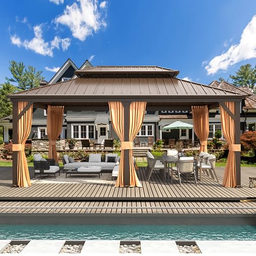 10'x13' Hardtop Gazebo with Polycarbonate Double Roof, Aluminum Frame, Curtains and Netting N263