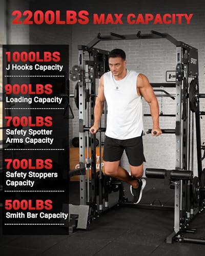 Smith Machine Home Gym All in One Squat Rack Power Cage with LAT Pull-Down and Cable Systems X5458