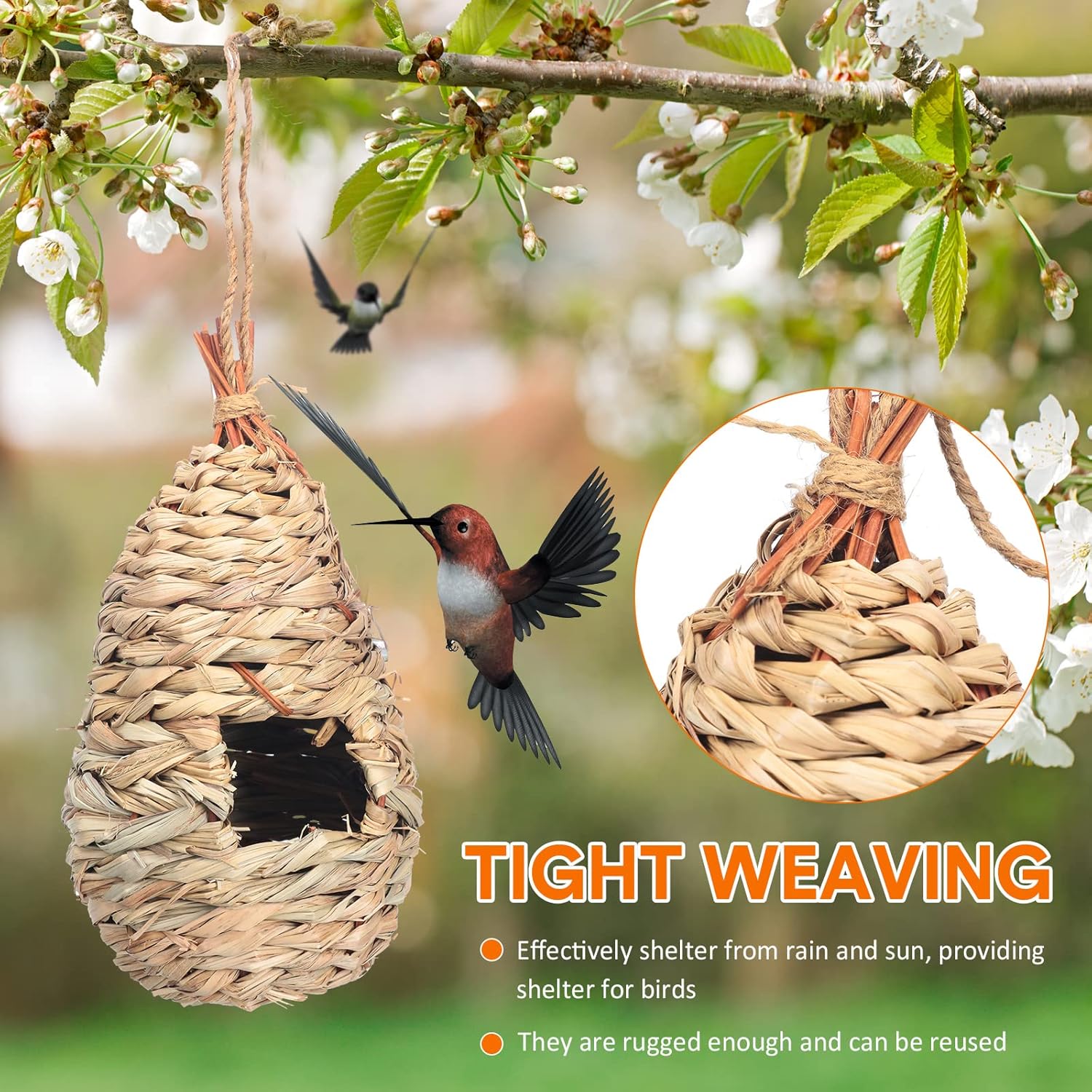 Hummingbird Nest Houses for Outside Hanging, Hand Woven Natural Fiber, 8 Pack X9654