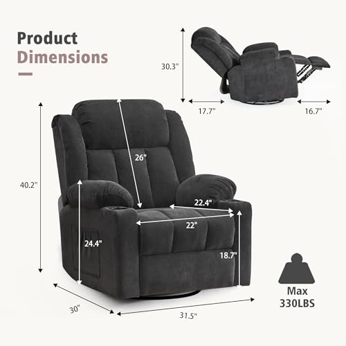 Swivel Recliner Chair for Adults with Massage and Heat, Fabric, Lime Gray B7507