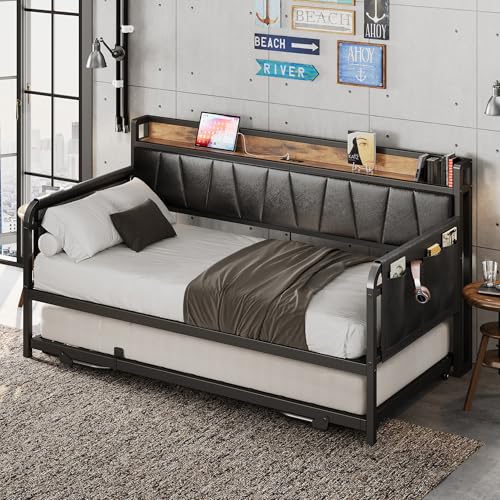 Daybed with Trundle and Storage Headboard, Twin Size, Grey M473750