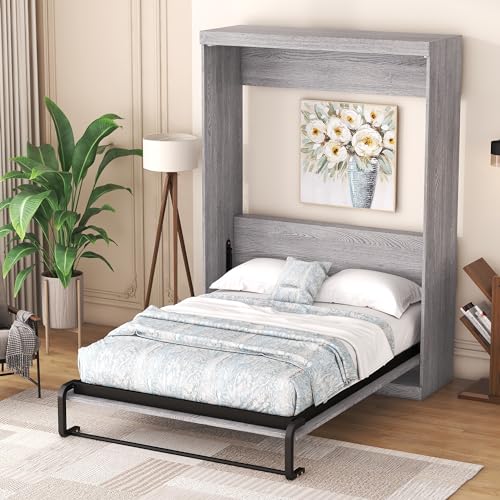 Murphy Bed Chest with Shelves, Foldable Wood Platform Bed Frame I45495