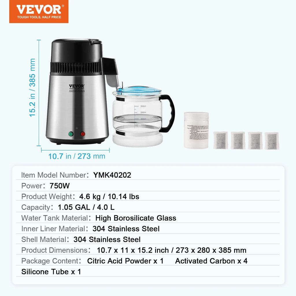 4L Water Distiller Purifier Machine Countertop Stainless Steel Interior 750W P961678