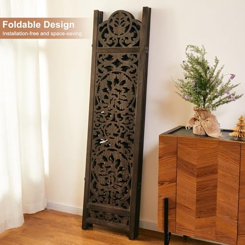 Wood Carved Room Divider 4 Panel Folding Screen Z937290