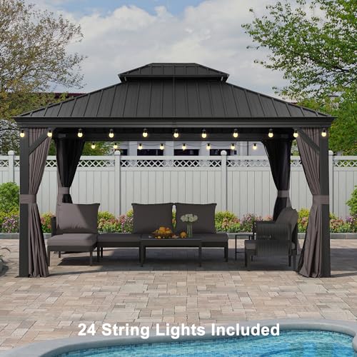 10' x 14' Permanent Hardtop Gazebo with Galvanized Steel Double Roof, Curtains and Netting Included M96664