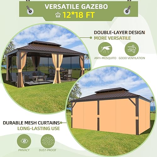 12x16 ft Hardtop Gazebo with Galvanized Steel Roof, Curtains and Netting V821