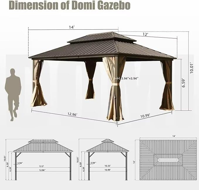 10 x 10 ft Hardtop Gazebo with Netting and Curtains, Galvanized Steel Roof for Patio and Garden X50618
