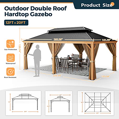 10 x 12 ft Hardtop Gazebo with Netting and Curtains, Double Roof Metal Canopy for Patio I7305