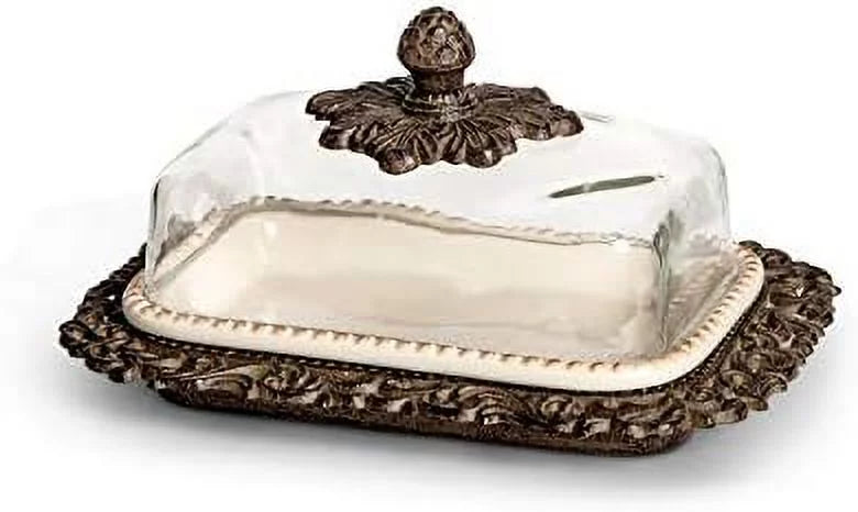 Ceramic Butter Dish with Metal Leaf Design V8413