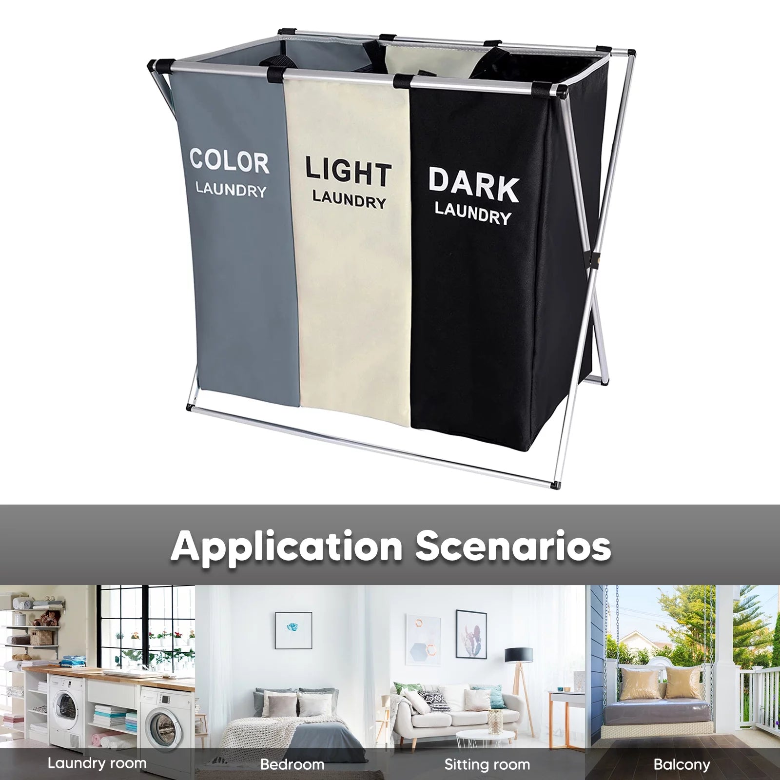 Laundry Hamper Sorter, 145L 3 Section Rolling Laundry Basket with Wheels and Removable Bags B237