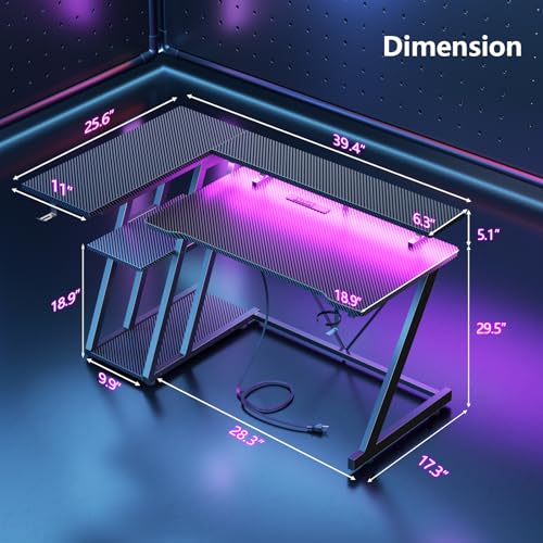L Shaped Gaming Desk with Power Outlet and LED Lights T64283