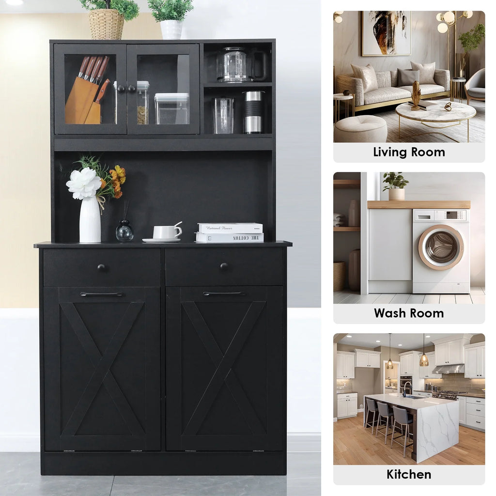 Kitchen Pantry Storage Cabinet, Double Tilt Out Trash Cabinet with Drawers and Shelves T2143