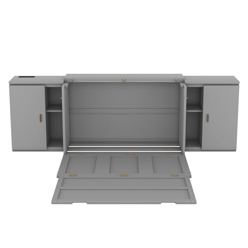Murphy Bed Chest with Shelves, Foldable Wood Platform Bed Frame I45495