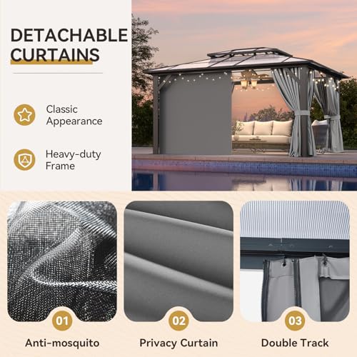 12x16 Hardtop Gazebo with Netting and Curtains, Aluminum Frame, Polycarbonate Roof N71921