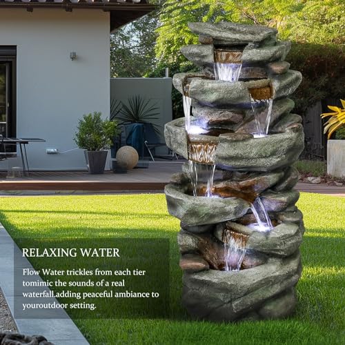 40" High 6-Tier Cascading Rock Outdoor Water Fountain with LED Lights for Garden Patio Yard Decor P631596