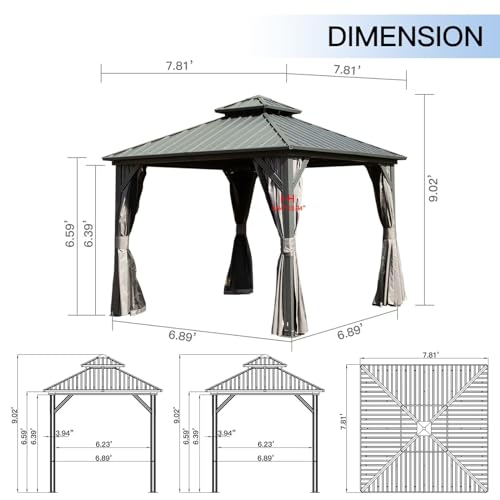 10 x 10 ft Hardtop Gazebo with Netting and Curtains, Galvanized Steel Roof for Patio and Garden X50618