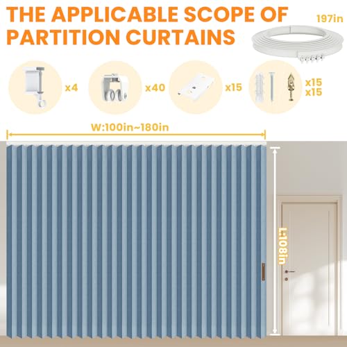 Accordion Room Divider Curtains with Ceiling Track, Grey, W100 x L84 J296