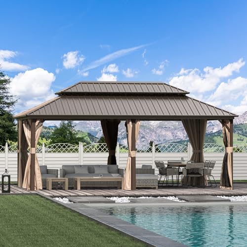 10 x 10 ft Hardtop Gazebo with Netting and Curtains, Galvanized Steel Roof for Patio and Garden X50618