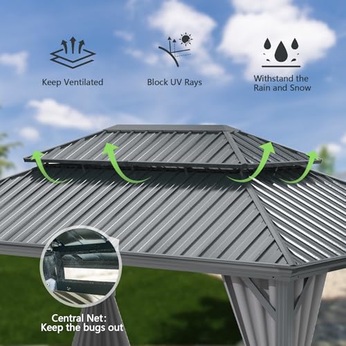 10 x 10 ft Hardtop Gazebo with Netting and Curtains, Galvanized Steel Roof for Patio and Garden X50618