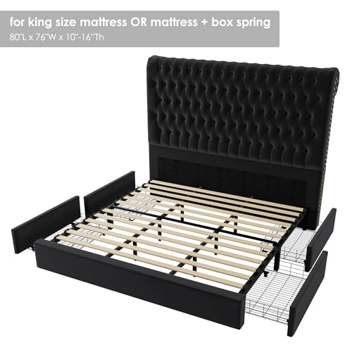 Velvet Upholstered King Bed Frame with Tall Headboard and Storage Drawers L58367