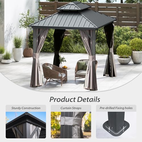 10 x 10 ft Hardtop Gazebo with Netting and Curtains, Galvanized Steel Roof for Patio and Garden X50618