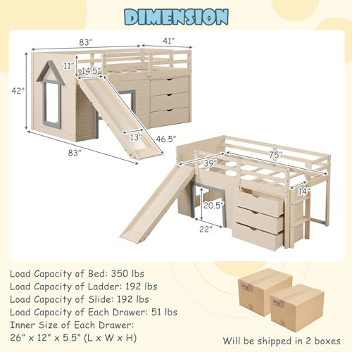 Twin Low Loft Bed with 3 Storage Drawers, Slide, Ladder & Guardrails B4129