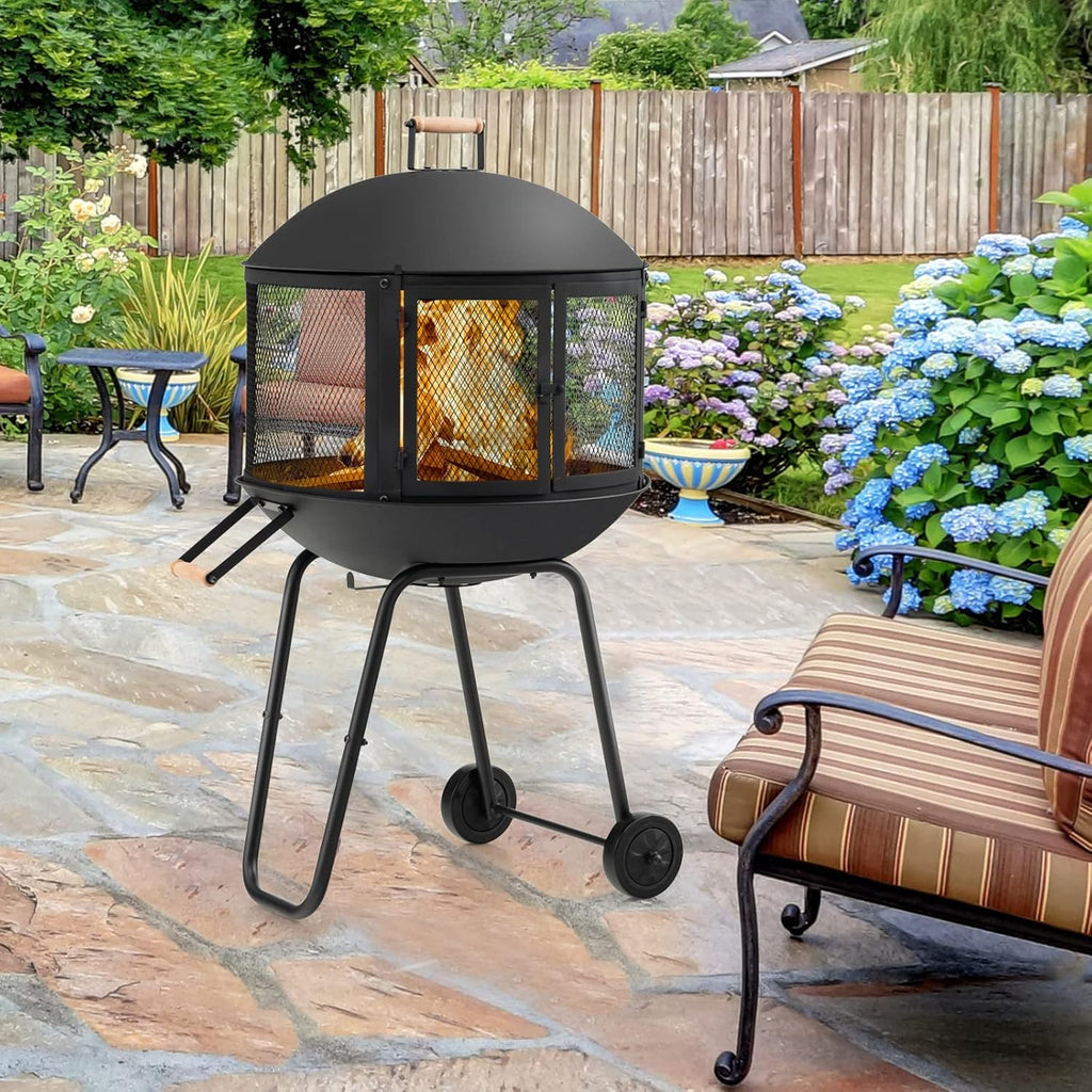 Portable Fire Pit with Wheels, 28 Inch Wood Burning, Black N2023