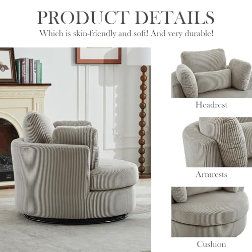 Oversized Swivel Barrel Chair with Ottoman, Chenille, Beige X252712