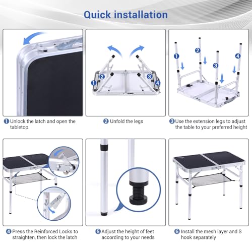 Adjustable Height Folding Camping Table with Mesh Layer Y4319