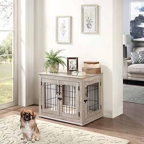 Wooden Dog Crate End Table with Double Doors and Pet Bed T245171
