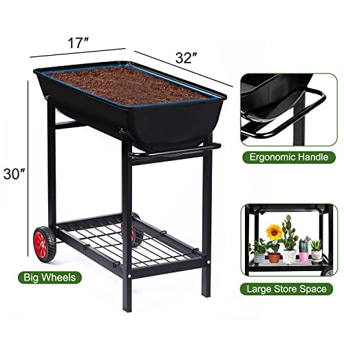 Metal Raised Planter Box on Wheels with Gardening Kit, Mobile Garden Bed Cart with Legs O92275