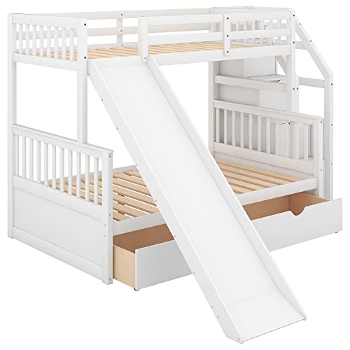 Twin Over Full Bunk Bed with Slide and Stairs for Kids E212