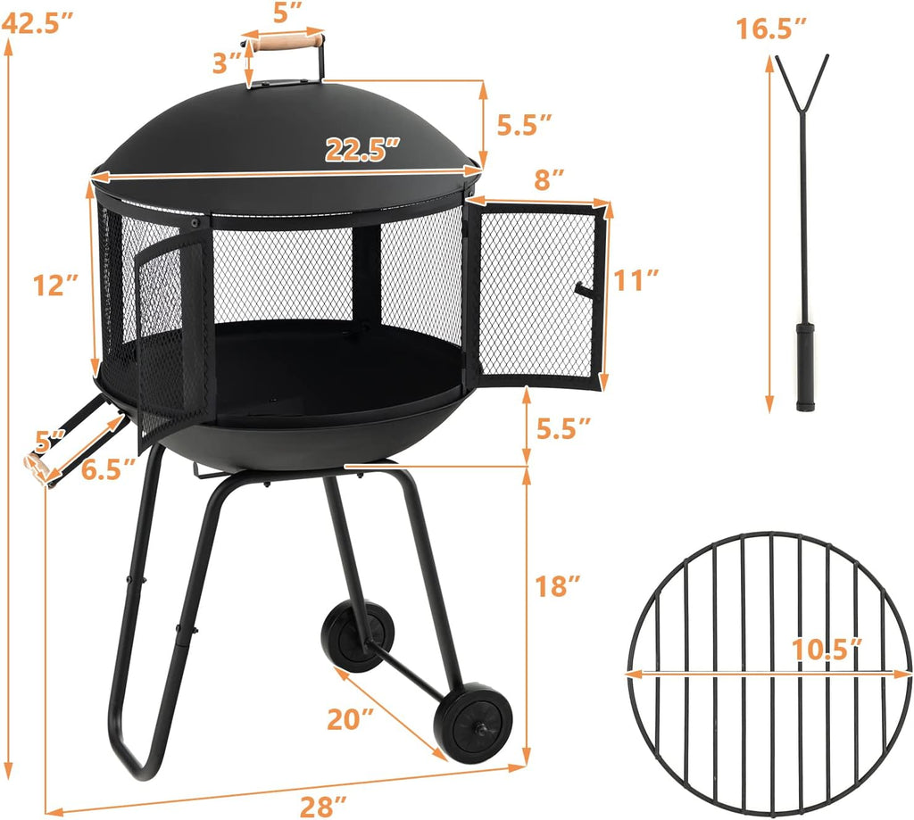 Portable Fire Pit with Wheels, 28 Inch Wood Burning, Black N2023
