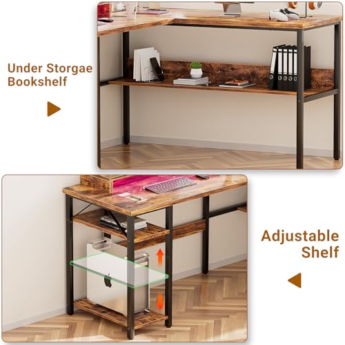 Reversible L Shaped Desk with Power Outlets and LED Light, Corner Computer Desk with Monitor Stand and Storage Shelves, Black D613