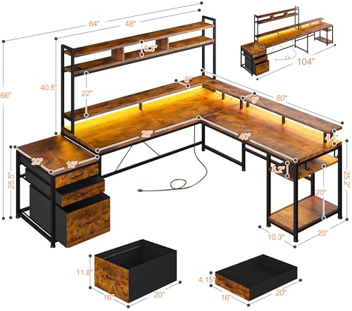 L Shaped Gaming Desk with Storage Shelves and LED Light U926701