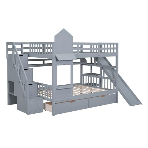Kids Bunk Bed with Stairs and Slide, Twin Over Twin, Gray E77813