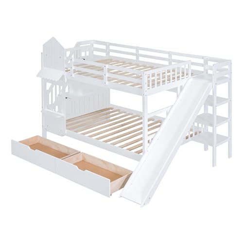 Kids Bunk Bed with Stairs and Slide, Twin Over Twin, Gray E77813