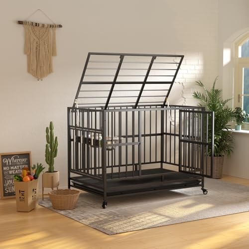 48" Heavy-Duty Dog Crate with Wheels and Dual Adjustable Bowls F169