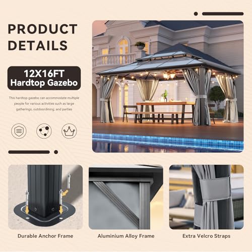 12x16 Hardtop Gazebo with Netting and Curtains, Aluminum Frame, Polycarbonate Roof N71921