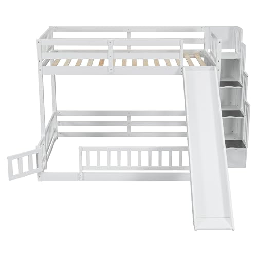 Twin Over Full Bunk Bed with Slide and Storage Stairs F8078