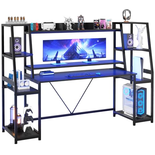 Gaming Desk with LED Lights, Hutch and Storage Shelves, Black R364