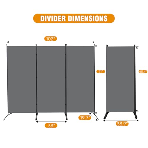 Room Divider Screen 3 Panel Folding Partition with Metal Frame, Grey M4968