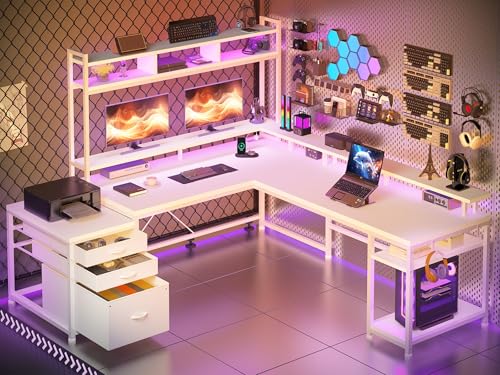 L Shaped Gaming Desk with Storage Shelves and LED Light U926701
