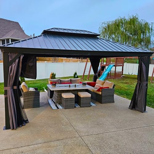 10' x 14' Permanent Hardtop Gazebo with Galvanized Steel Double Roof, Curtains and Netting Included M96664