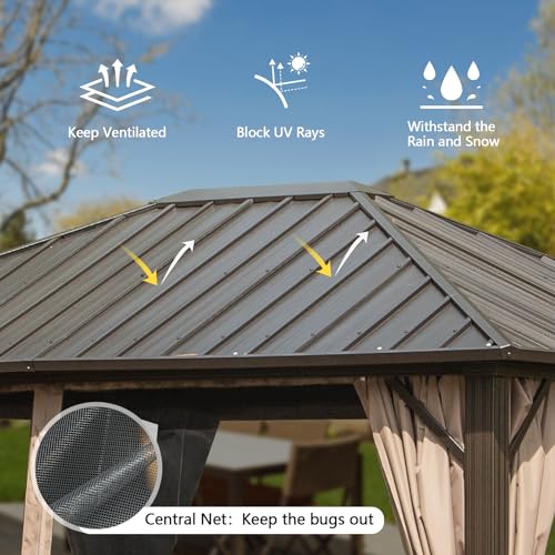 10 x 10 ft Hardtop Gazebo with Netting and Curtains, Galvanized Steel Roof for Patio and Garden X50618