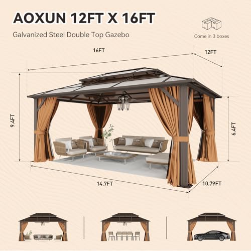 12x16 Hardtop Gazebo with Netting and Curtains, Aluminum Frame, Polycarbonate Roof N71921