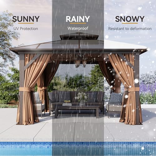 12x16 Hardtop Gazebo with Netting and Curtains, Aluminum Frame, Polycarbonate Roof N71921