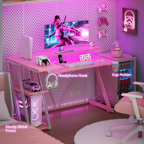 L Shaped Gaming Desk with Power Outlet and LED Lights T64283