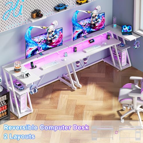 L Shaped Gaming Desk with Power Outlet and LED Lights T64283