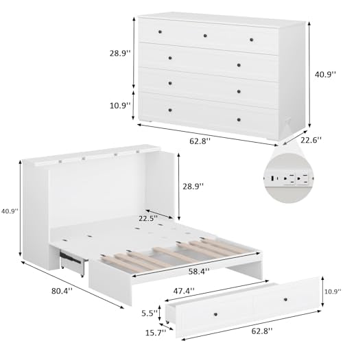 Murphy Bed with Storage and Charging Station, Foldable Panel, for Guest Bedroom, Living Room, Office V324